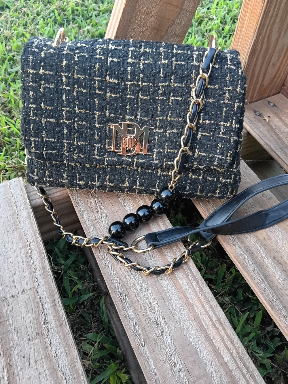 Badgley Mischka Black and Gold Textured Tweed Crossbody Bag